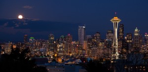 Super moon over Seattle Skyline